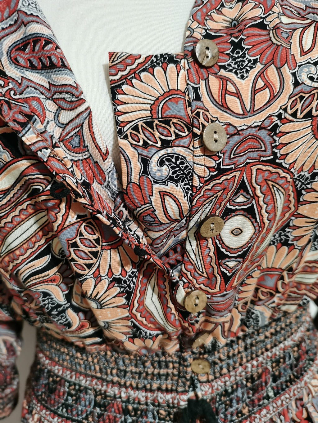 Paisley Print Smocked Waist Boho Maxi Dress - Brown - 8