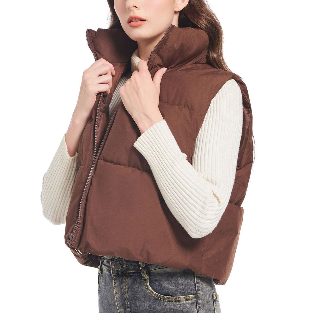 Zip Front Cropped Puffer Vest - Coffee