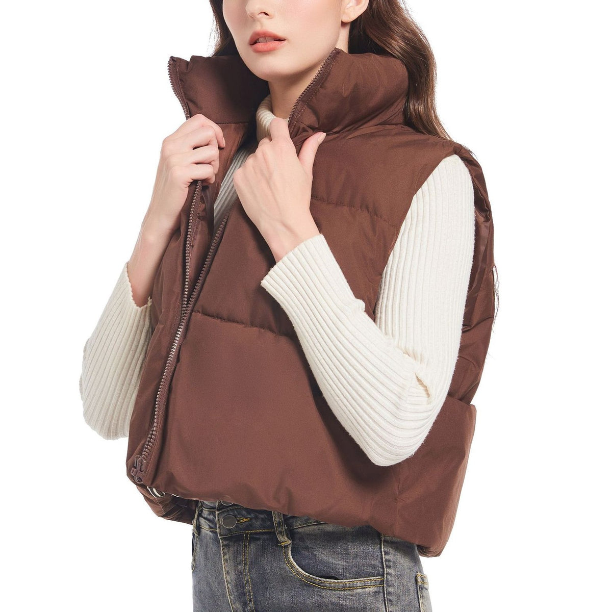 Zip Front Cropped Puffer Vest - Coffee