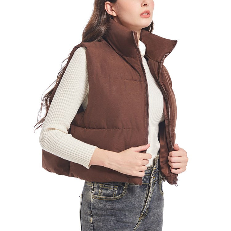 Zip Front Cropped Puffer Vest - Coffee - 1