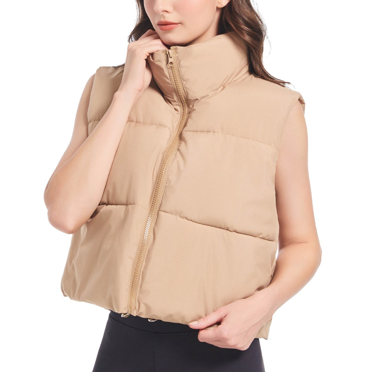 Zip Front Cropped Puffer Vest - Khaki