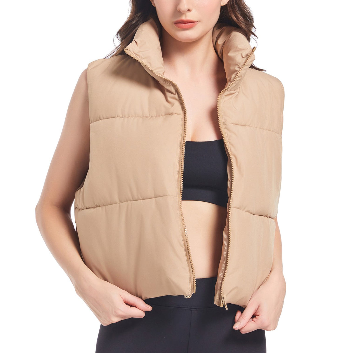 Zip Front Cropped Puffer Vest - Khaki - 1