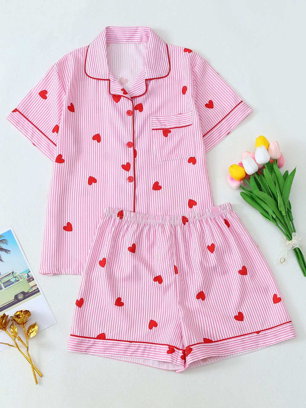 Printed Button Front Short Pajama Set - Heart