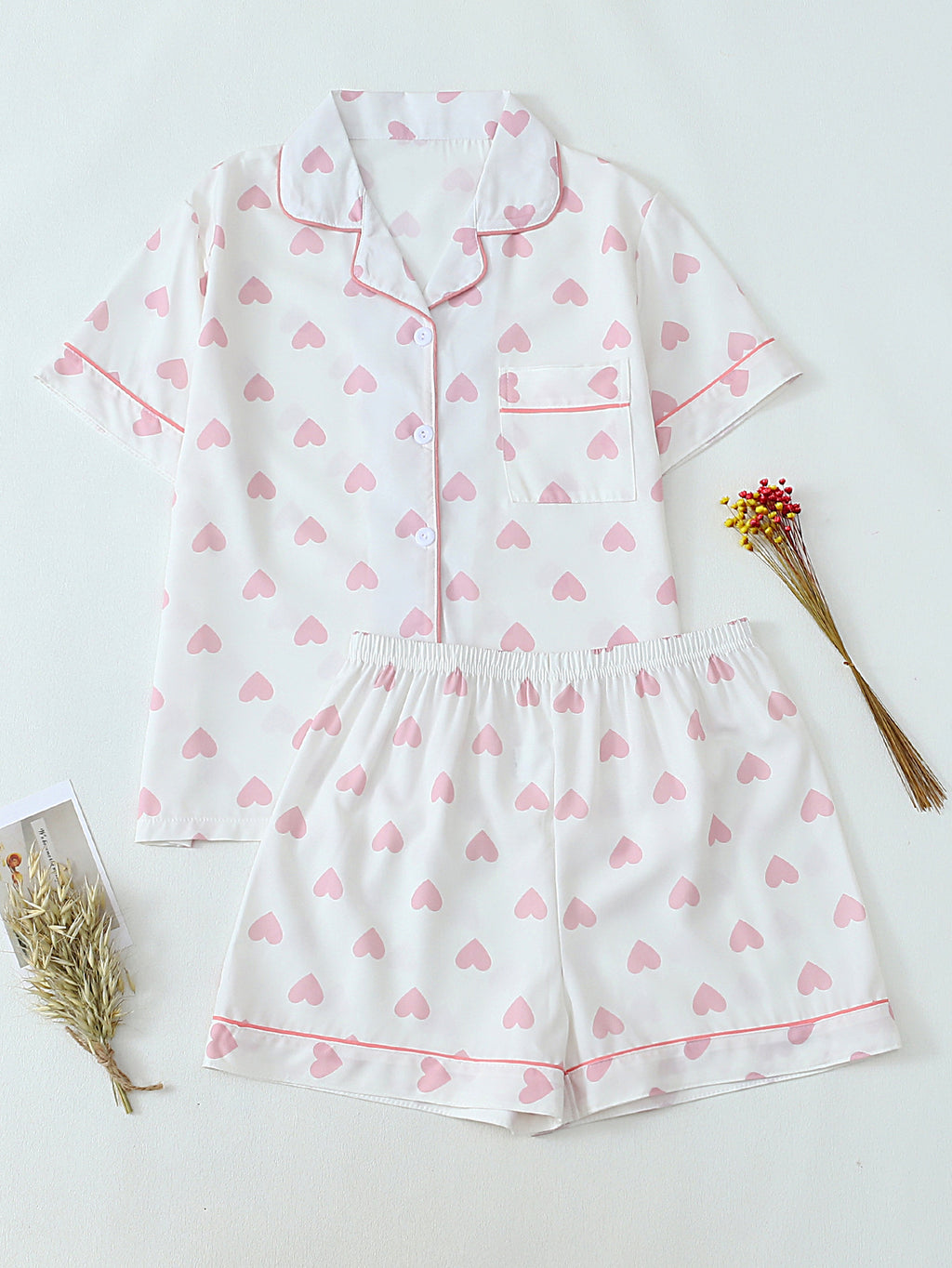 Printed Button Front Short Pajama Set - PinkLove