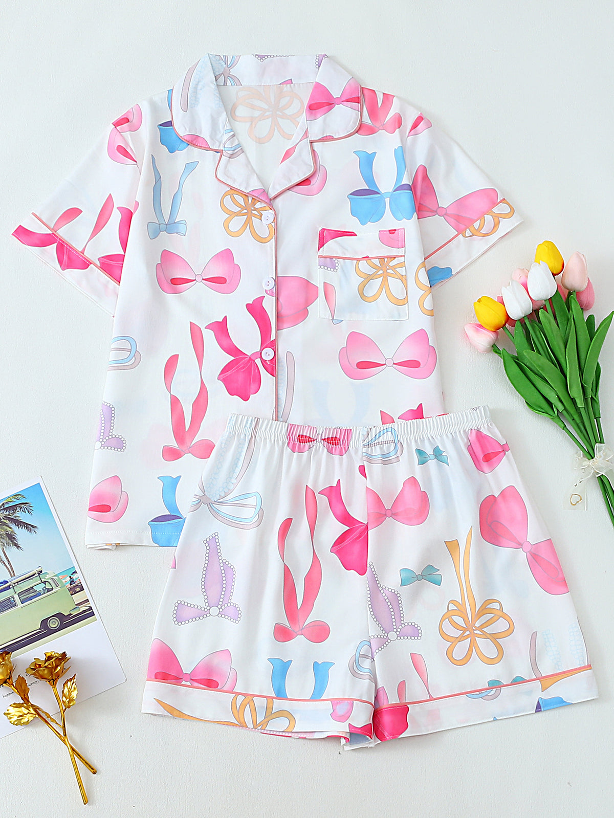 Printed Button Front Short Pajama Set - Ribbon