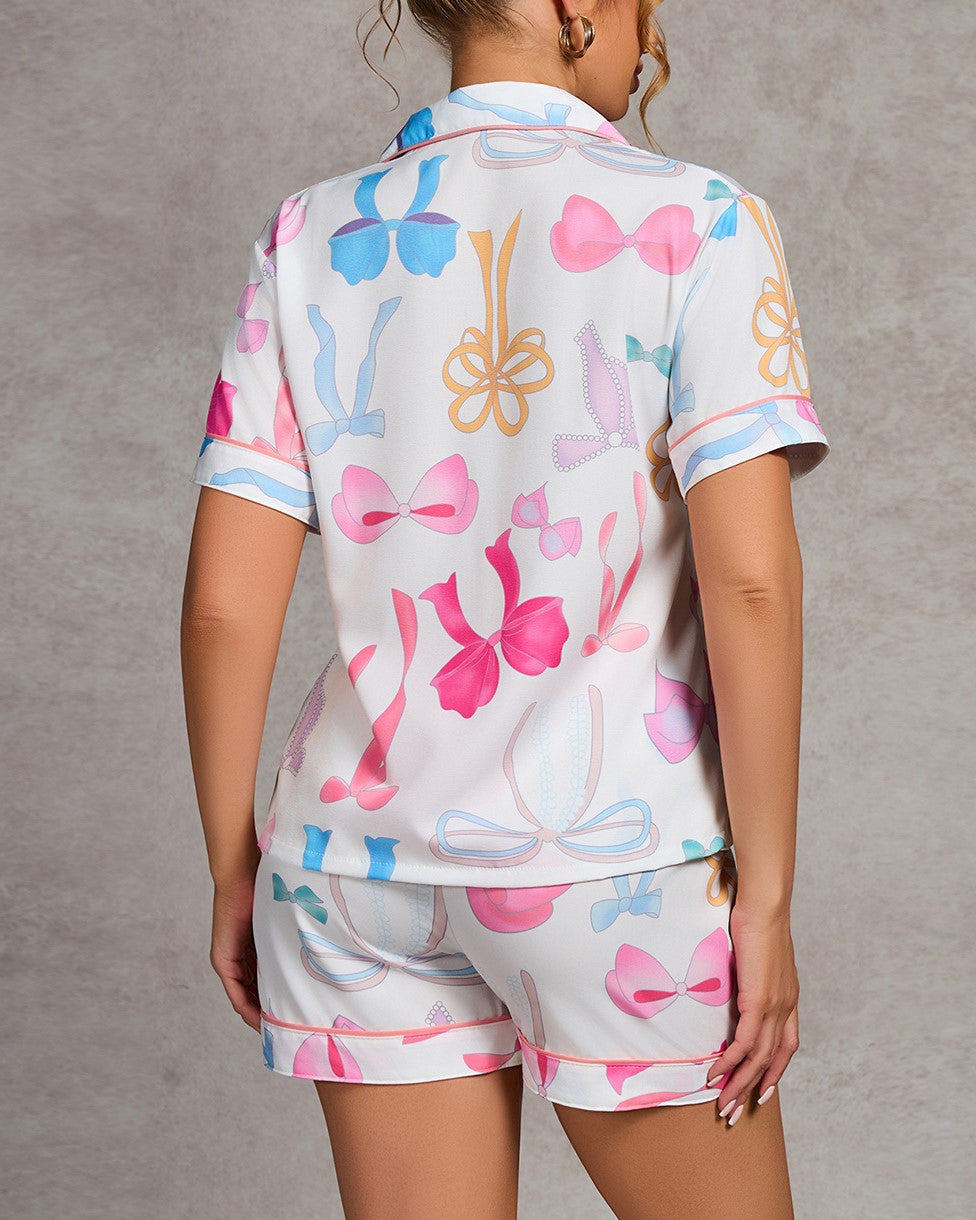 Printed Button Front Short Pajama Set - Ribbon - 2