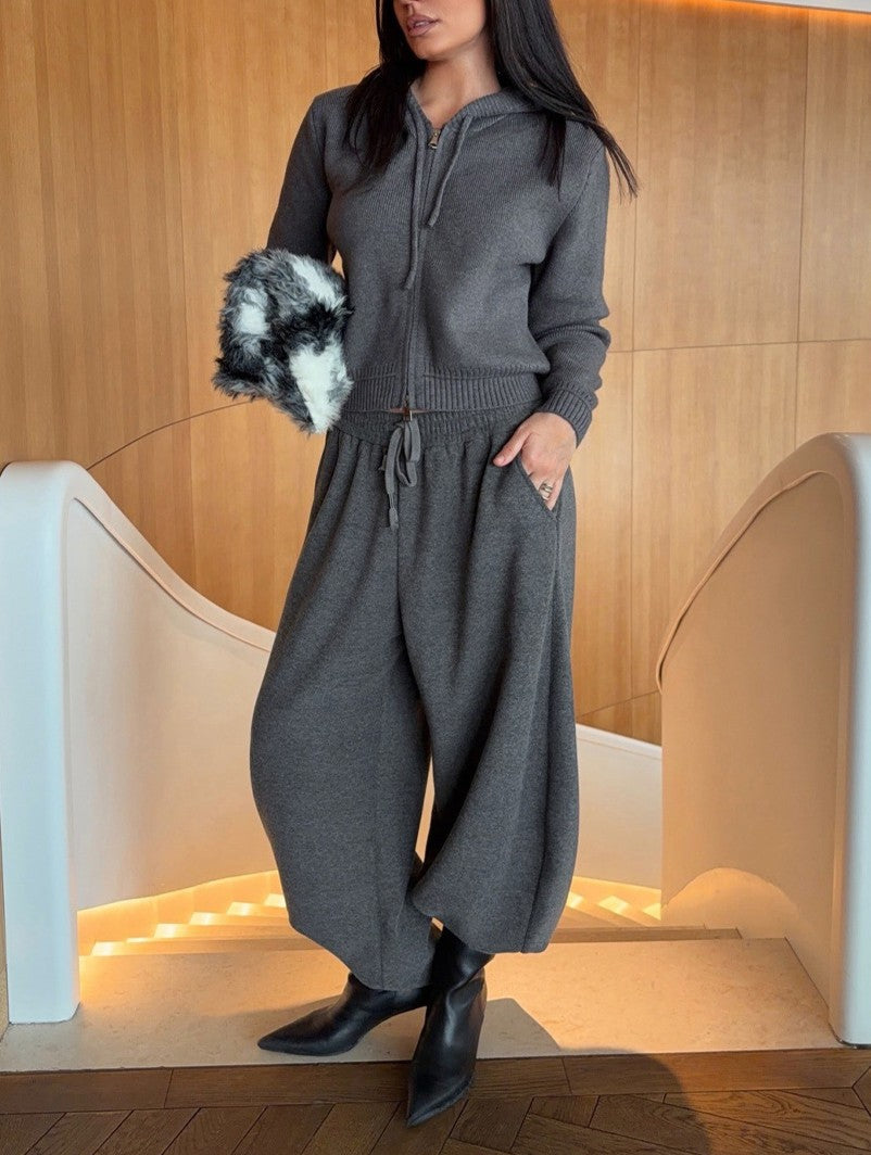 Hooded Zip Knit Top and Drawstring Pants Set - Grey
