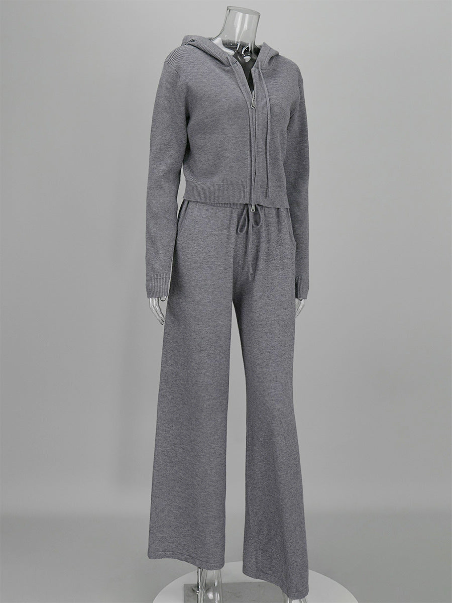 Hooded Zip Knit Top and Drawstring Pants Set - Grey - 1