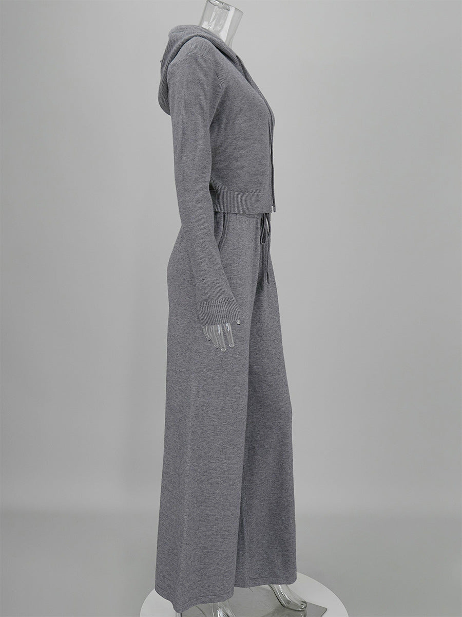 Hooded Zip Knit Top and Drawstring Pants Set - Grey - 2