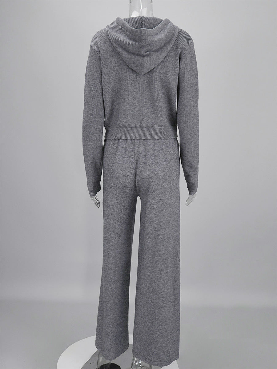 Hooded Zip Knit Top and Drawstring Pants Set - Grey - 3