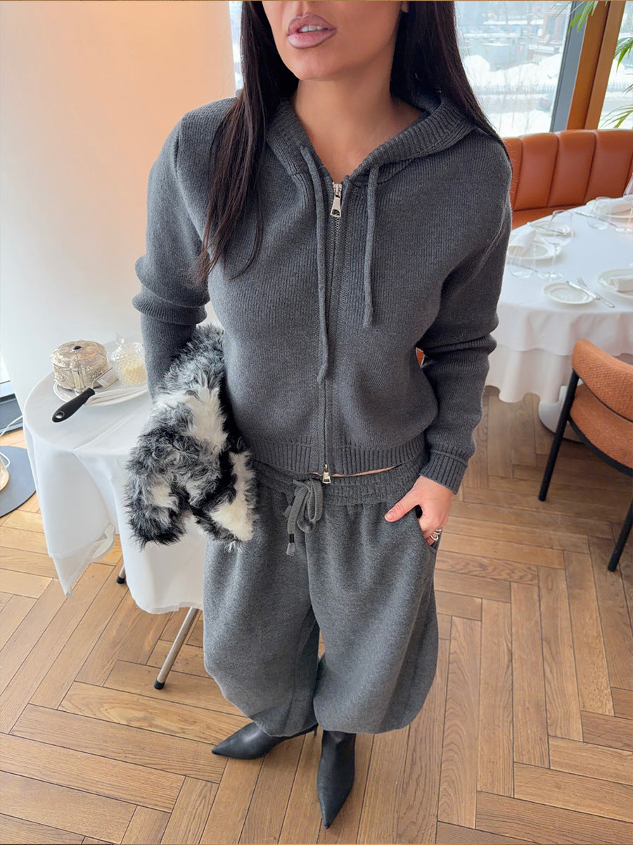 Hooded Zip Knit Top and Drawstring Pants Set - Grey - 6