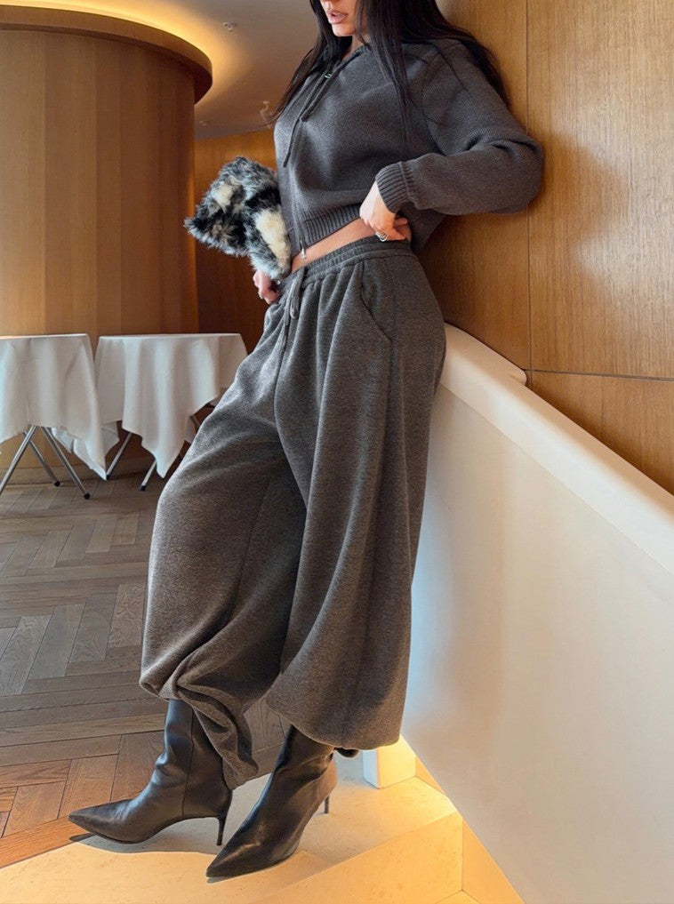 Hooded Zip Knit Top and Drawstring Pants Set - Grey - 7