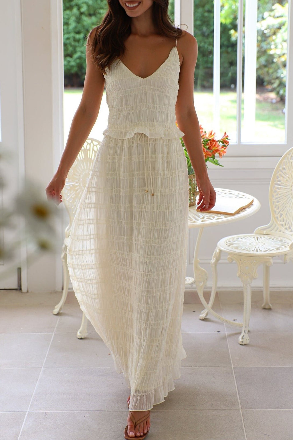 Sheer Textured Mesh Cami Maxi Skirt Set - white - 1