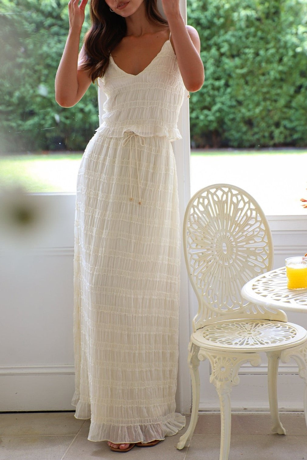 Sheer Textured Mesh Cami Maxi Skirt Set - white - 2