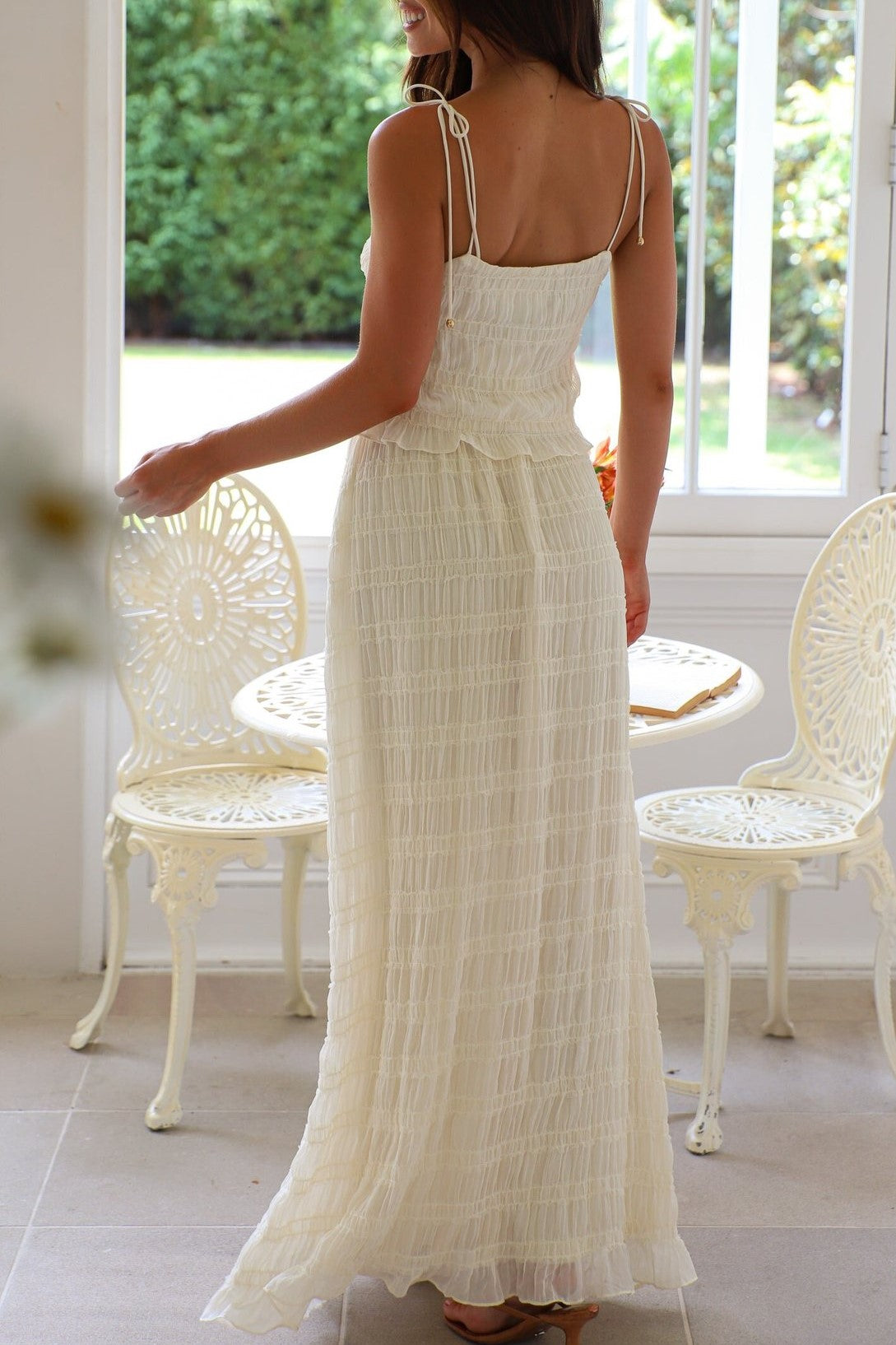Sheer Textured Mesh Cami Maxi Skirt Set - white - 3