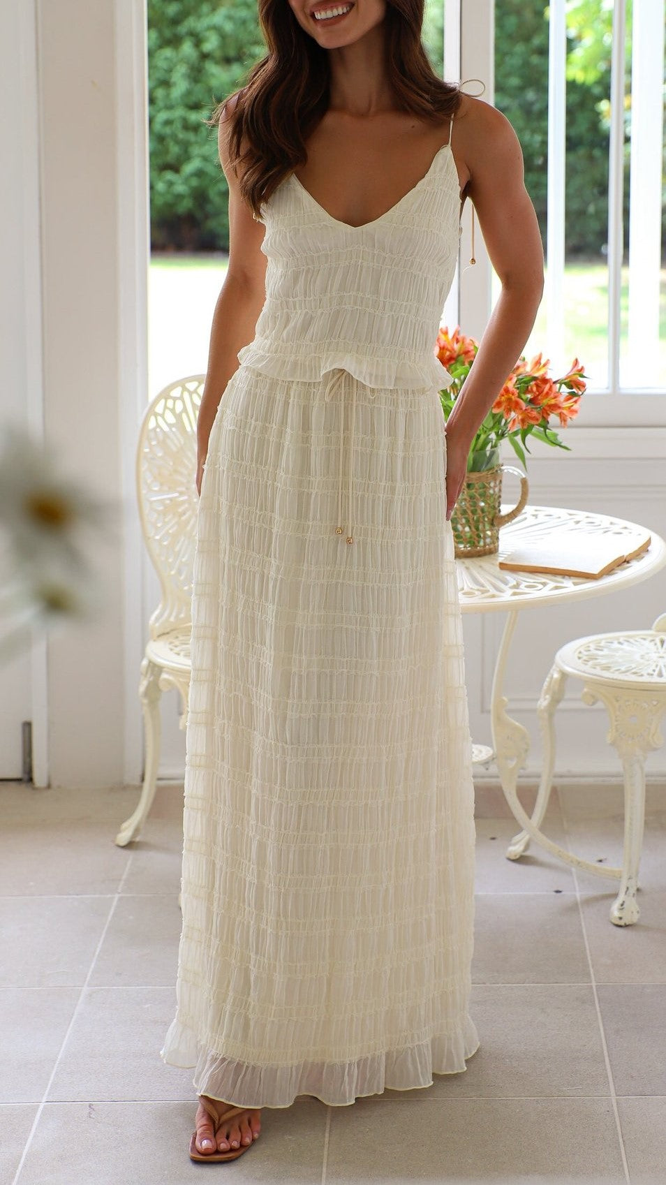 Sheer Textured Mesh Cami Maxi Skirt Set - white - 4