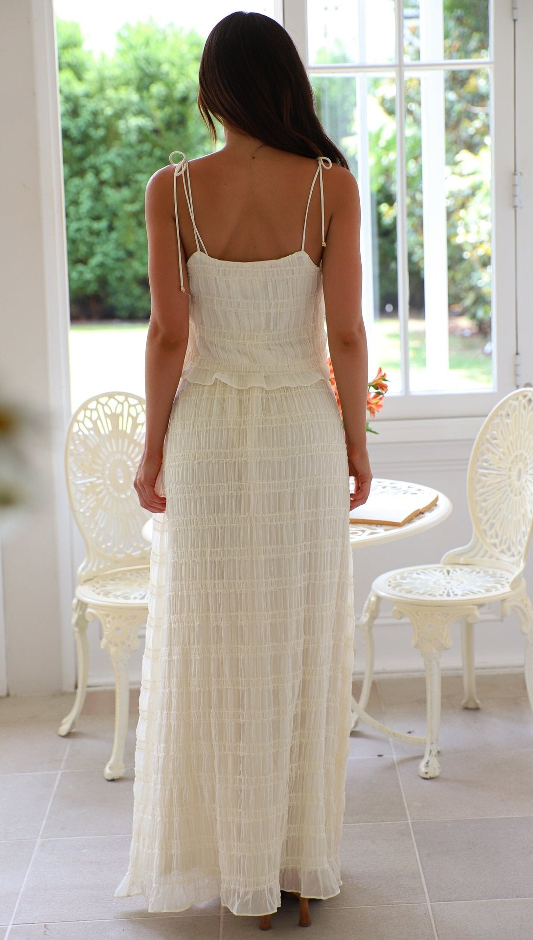 Sheer Textured Mesh Cami Maxi Skirt Set - white - 5