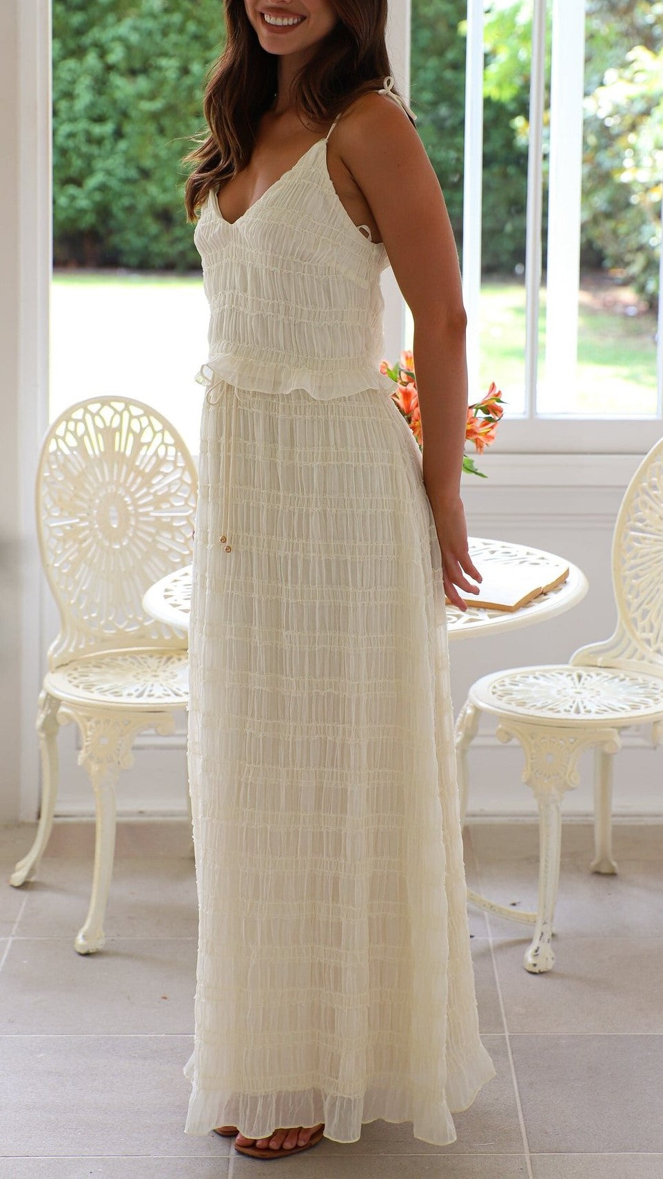Sheer Textured Mesh Cami Maxi Skirt Set - white - 6