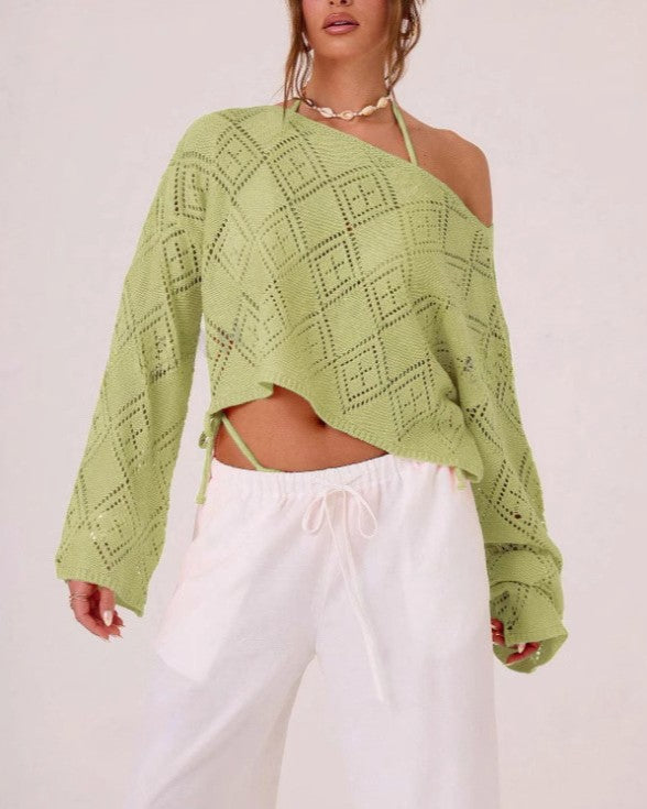 Pointelle Off Shoulder Asymmetric Knit Top - Green