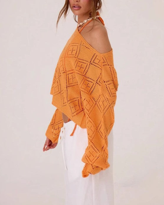 Pointelle Off Shoulder Asymmetric Knit Top - Orange