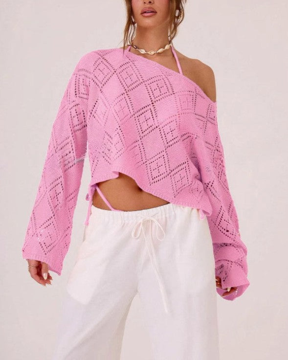 Pointelle Off Shoulder Asymmetric Knit Top - Pink