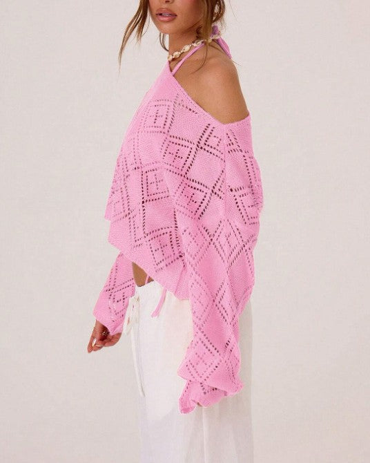 Pointelle Off Shoulder Asymmetric Knit Top - Pink - 1