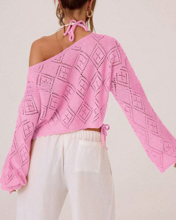 Pointelle Off Shoulder Asymmetric Knit Top - Pink - 2