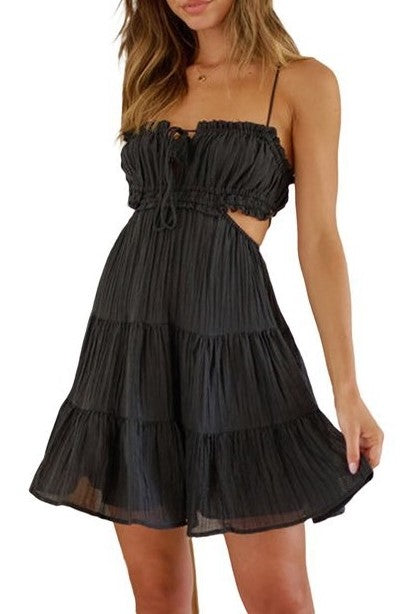 Shirred Bodice Tiered Cami Mini Dress - Black