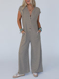 Striped Wide-Leg Notch-Neck Jumpsuit - Brown