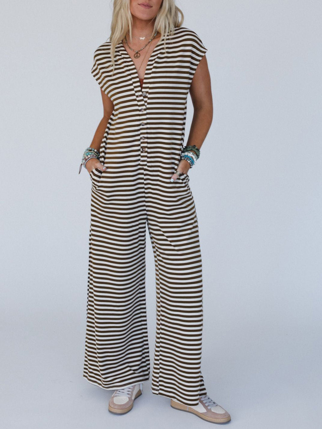 Striped Wide-Leg Notch-Neck Jumpsuit - Brown - 1