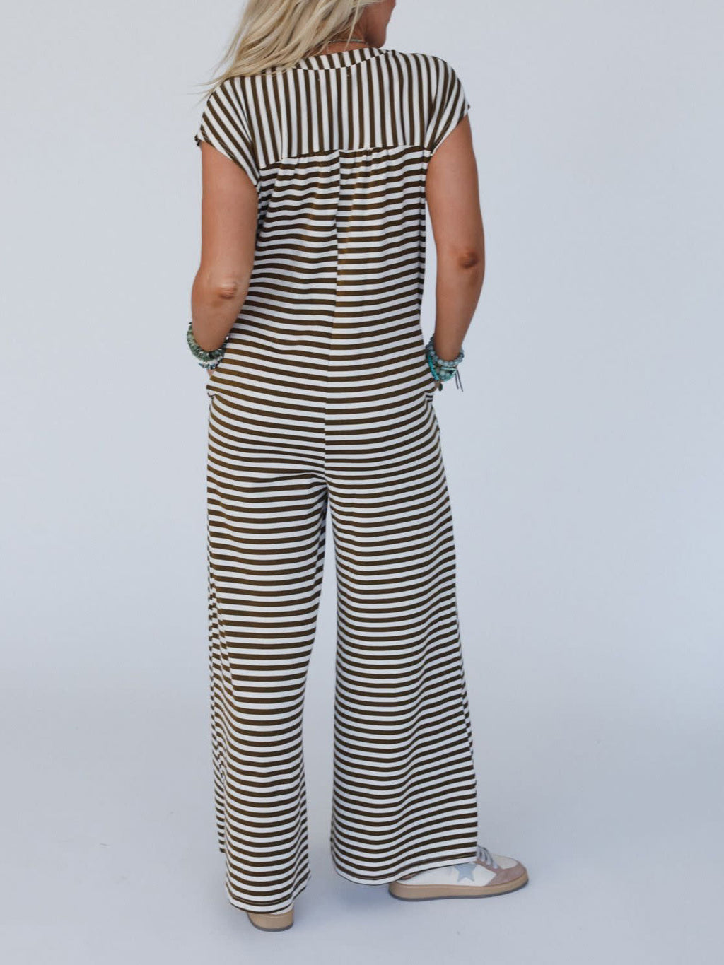 Striped Wide-Leg Notch-Neck Jumpsuit - Brown - 2