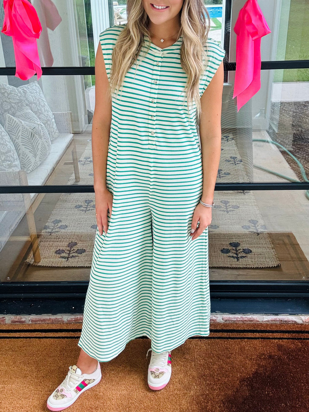 Striped Wide-Leg Notch-Neck Jumpsuit - Green - 1