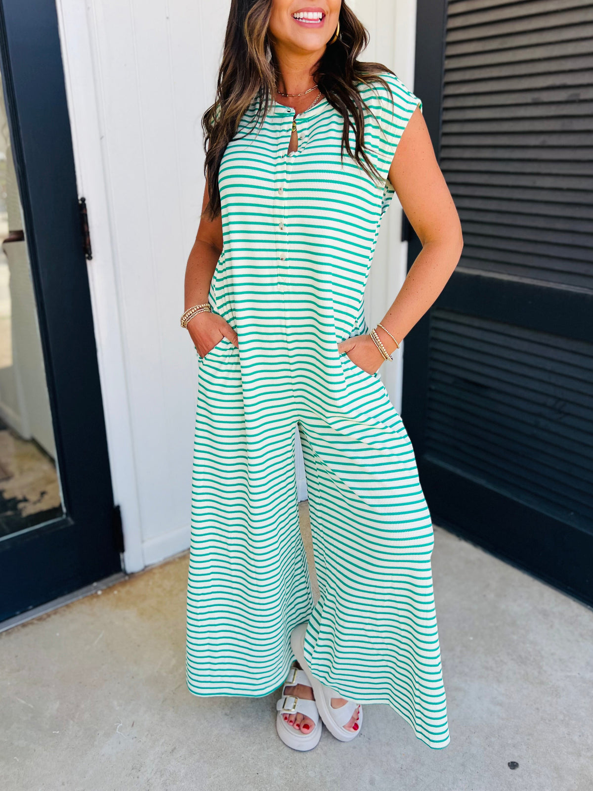 Striped Wide-Leg Notch-Neck Jumpsuit - Green - 2
