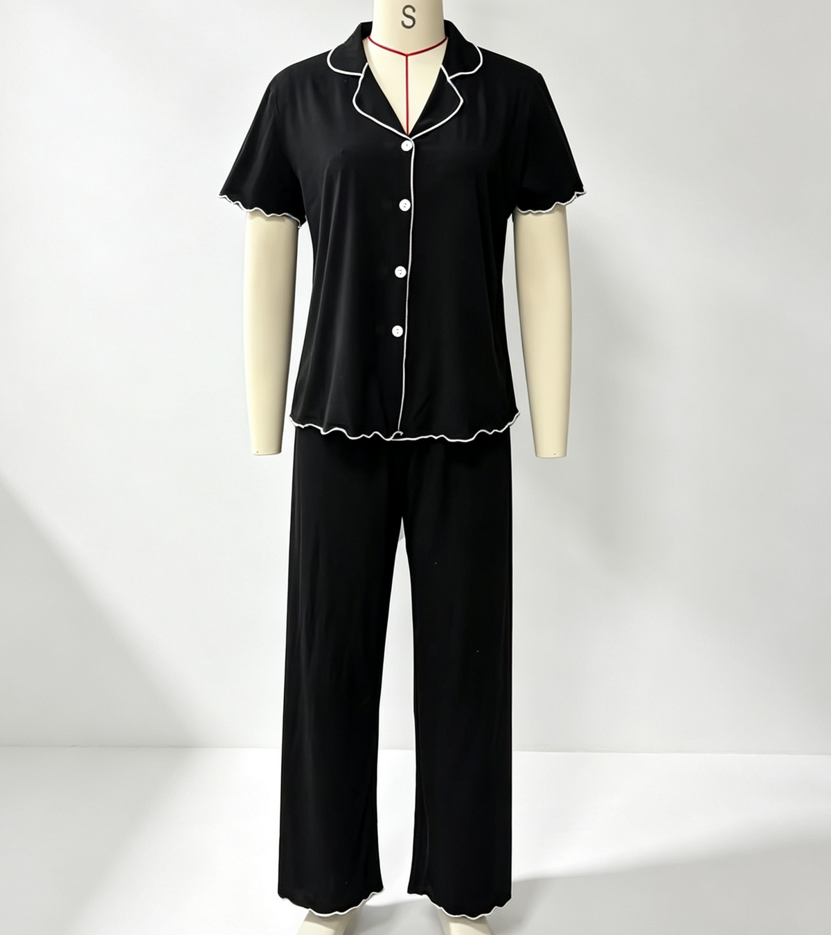 Short Sleeve Pajama Set With Contrast Piping - Black