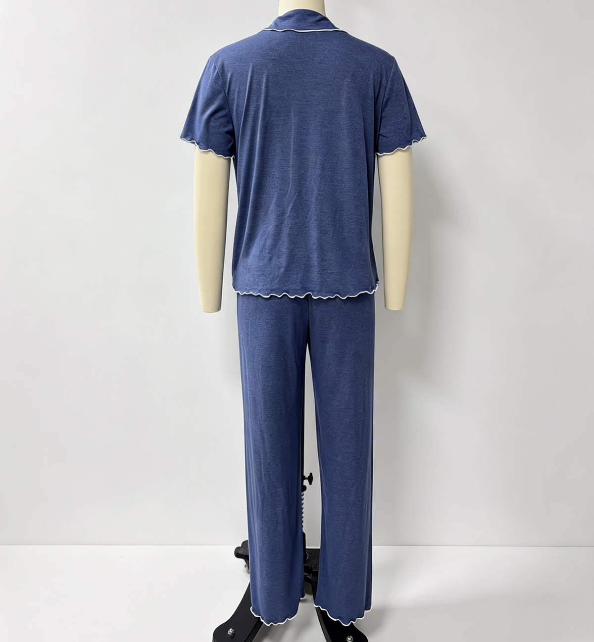 Short Sleeve Pajama Set With Contrast Piping - Blue - 1