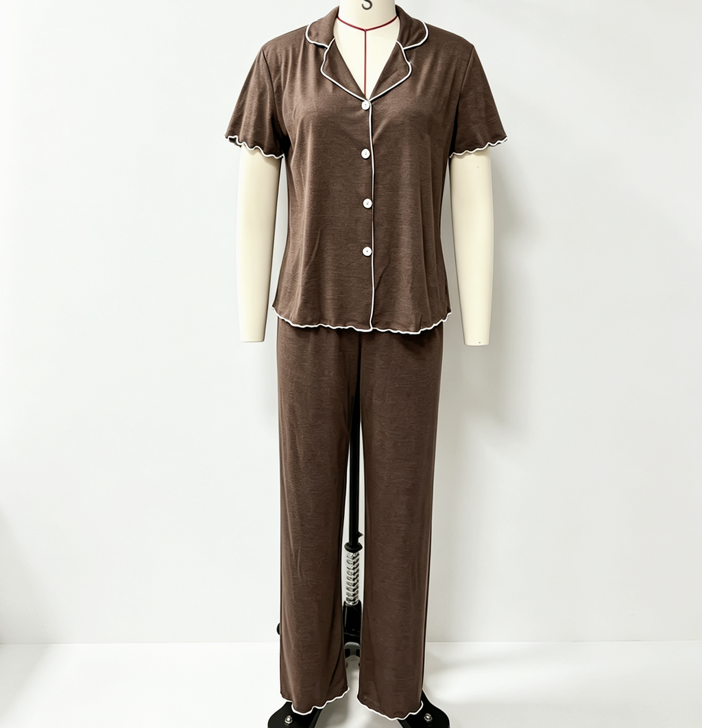 Short Sleeve Pajama Set With Contrast Piping - Brown