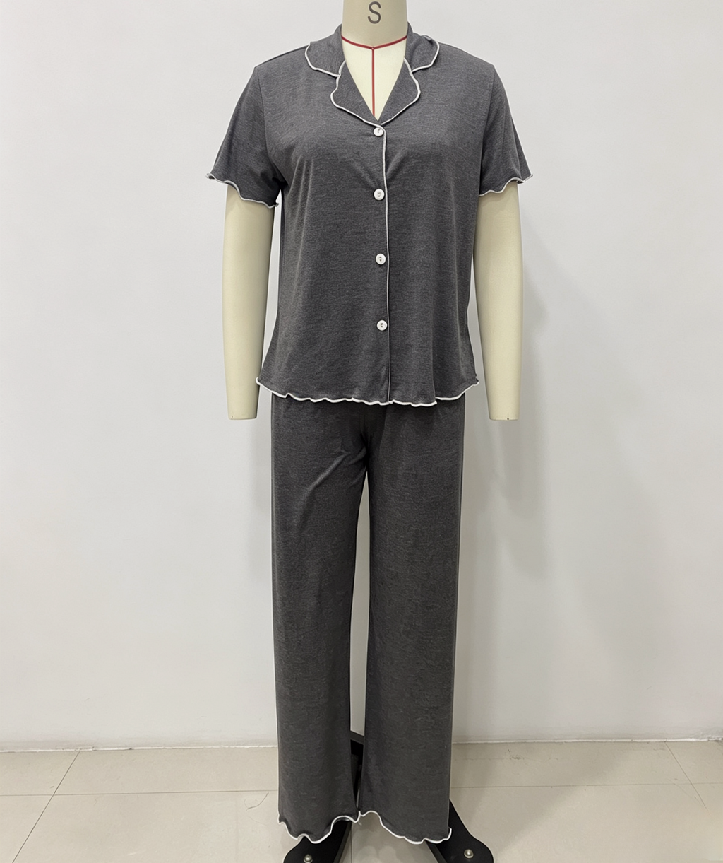 Short Sleeve Pajama Set With Contrast Piping - DarkGray