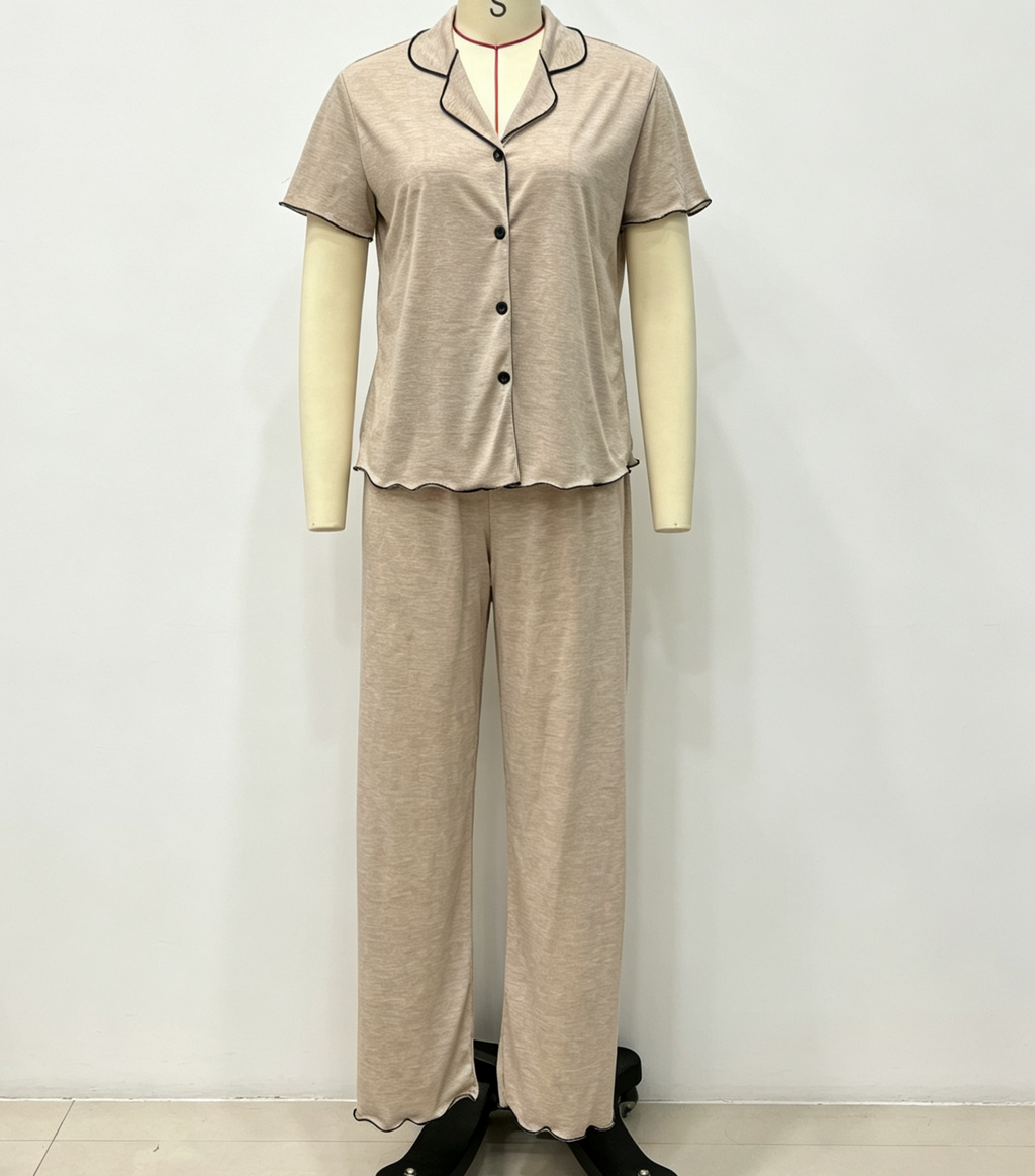 Short Sleeve Pajama Set With Contrast Piping - Khaki