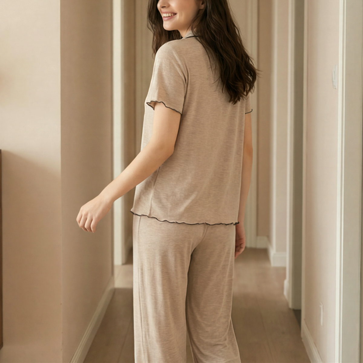 Short Sleeve Pajama Set With Contrast Piping - Khaki - 4