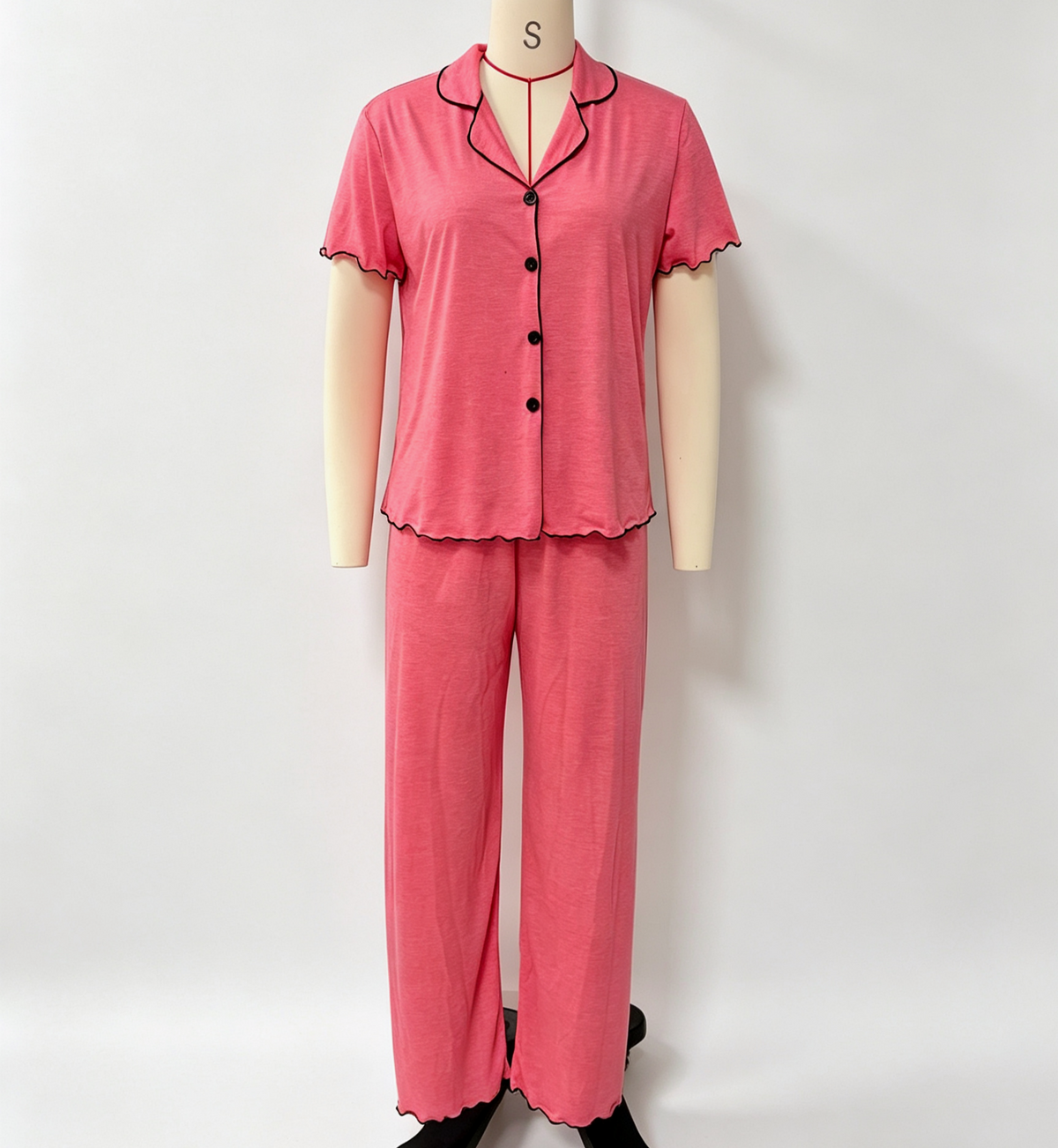 Short Sleeve Pajama Set With Contrast Piping - Rose_Red - 1