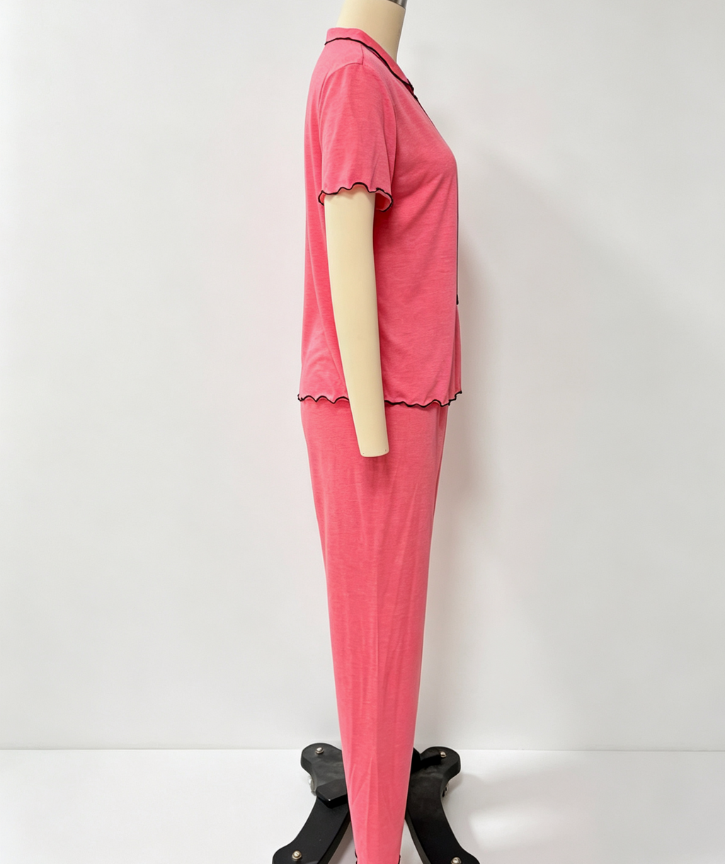 Short Sleeve Pajama Set With Contrast Piping - Rose_Red - 2