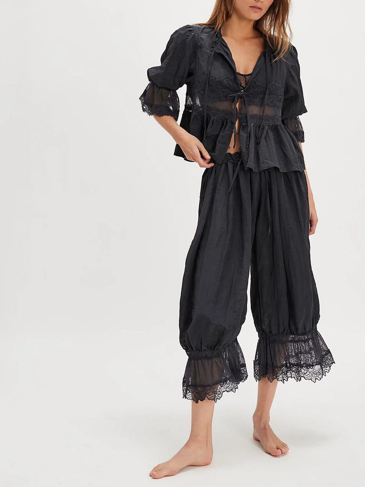 Boho Ruffle Hem Blouse With Lace Inset - Black - 3