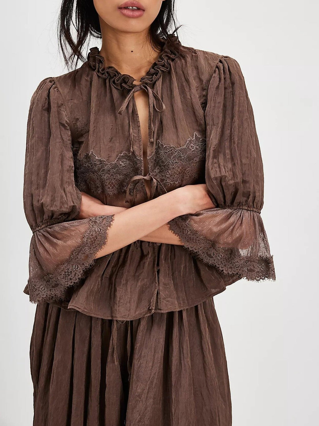 Boho Ruffle Hem Blouse With Lace Inset - Coffee