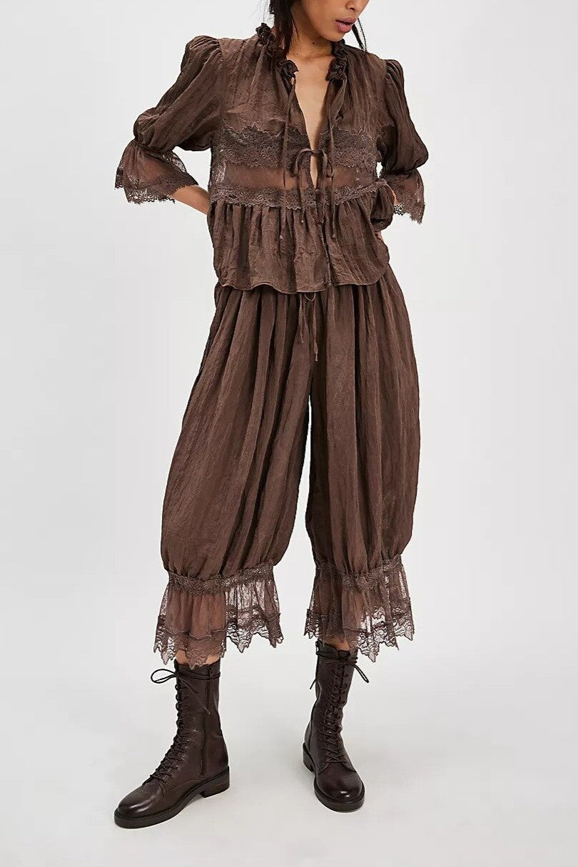 Boho Ruffle Hem Blouse With Lace Inset - Coffee - 1