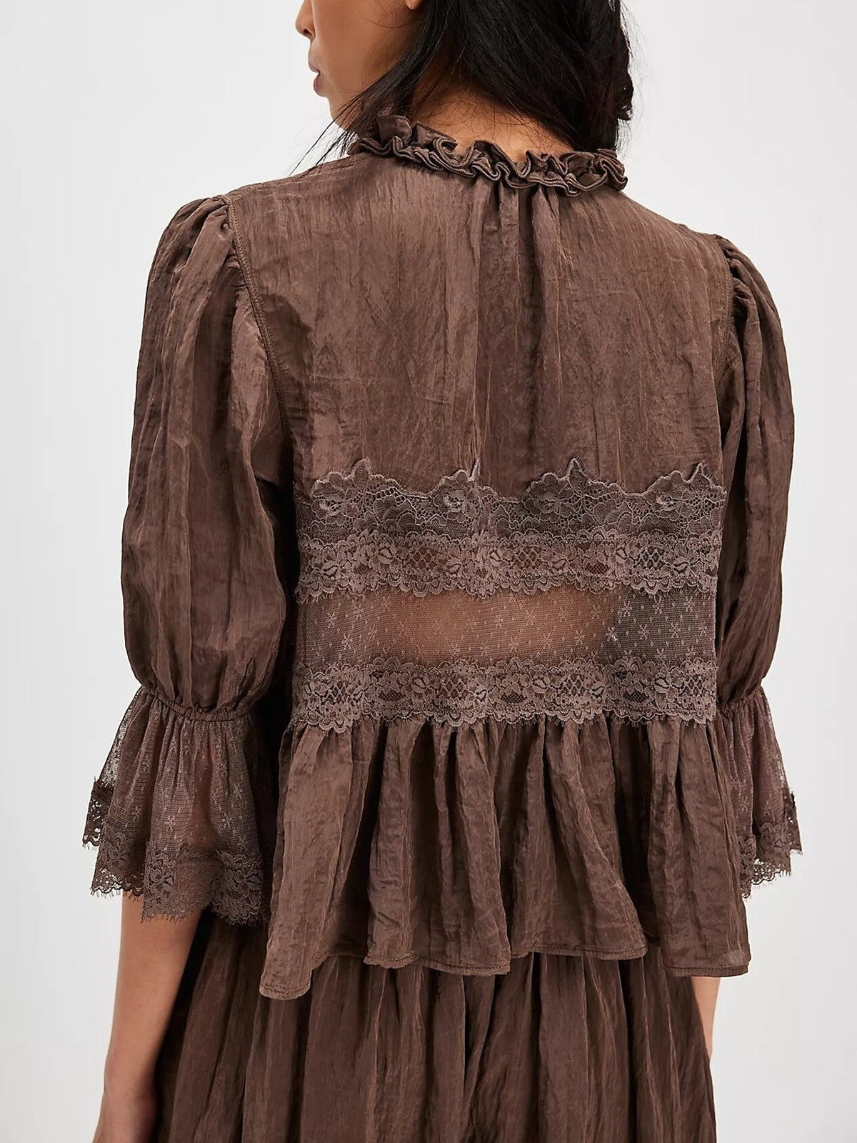 Boho Ruffle Hem Blouse With Lace Inset - Coffee - 2