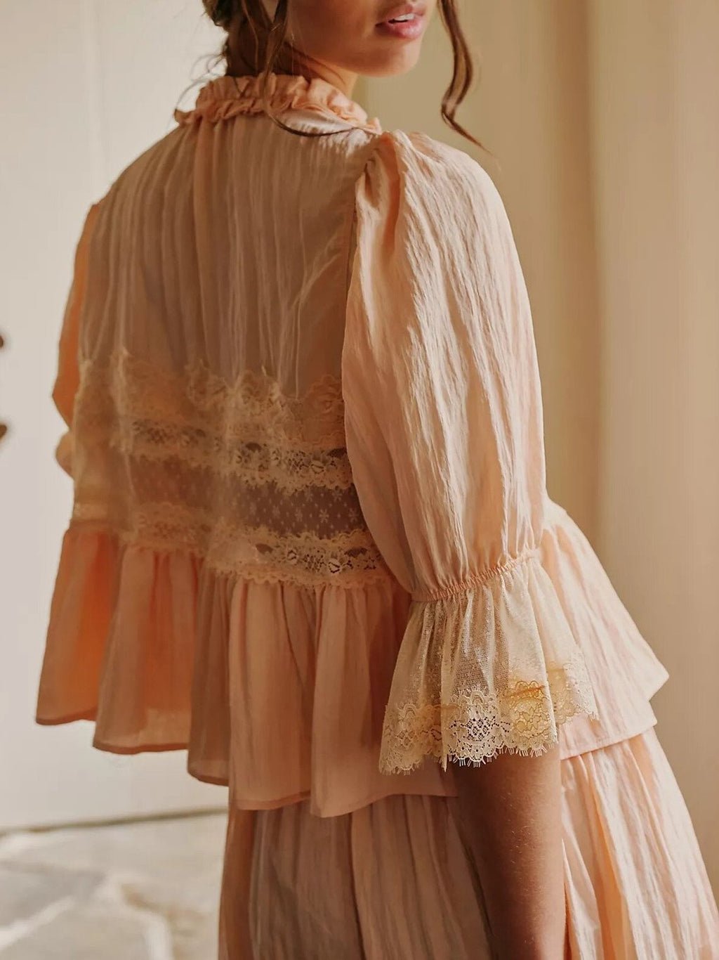 Boho Ruffle Hem Blouse With Lace Inset - Coral