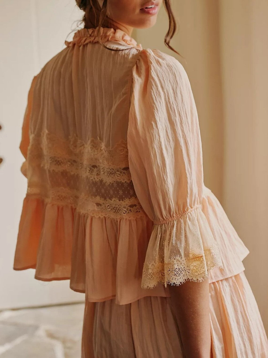 Boho Ruffle Hem Blouse With Lace Inset - Coral