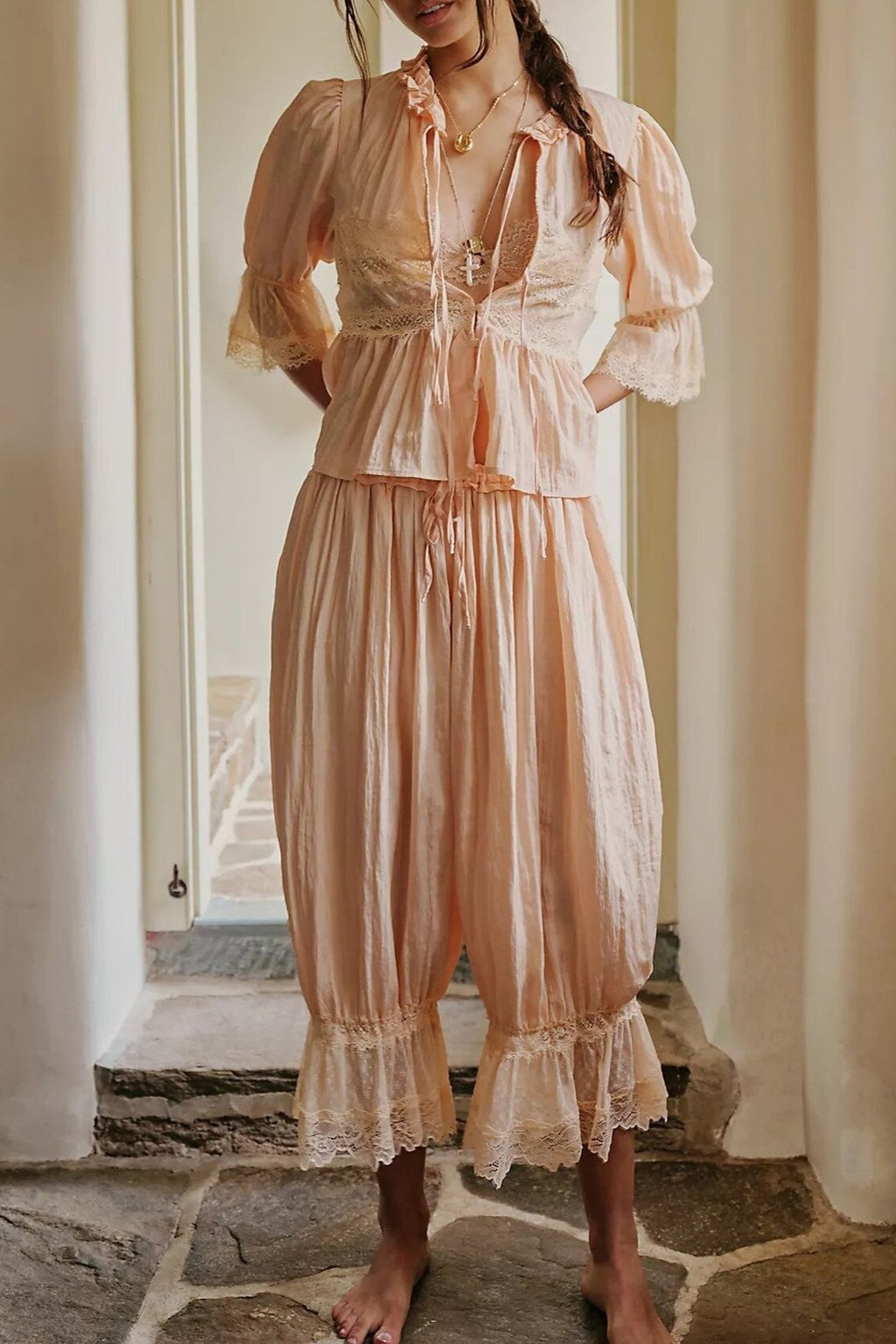 Boho Ruffle Hem Blouse With Lace Inset - Coral - 1