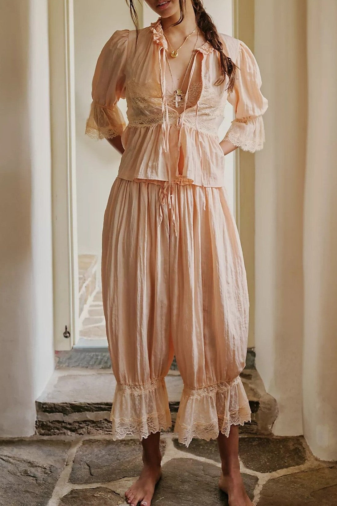 Boho Ruffle Hem Blouse With Lace Inset - Coral - 1
