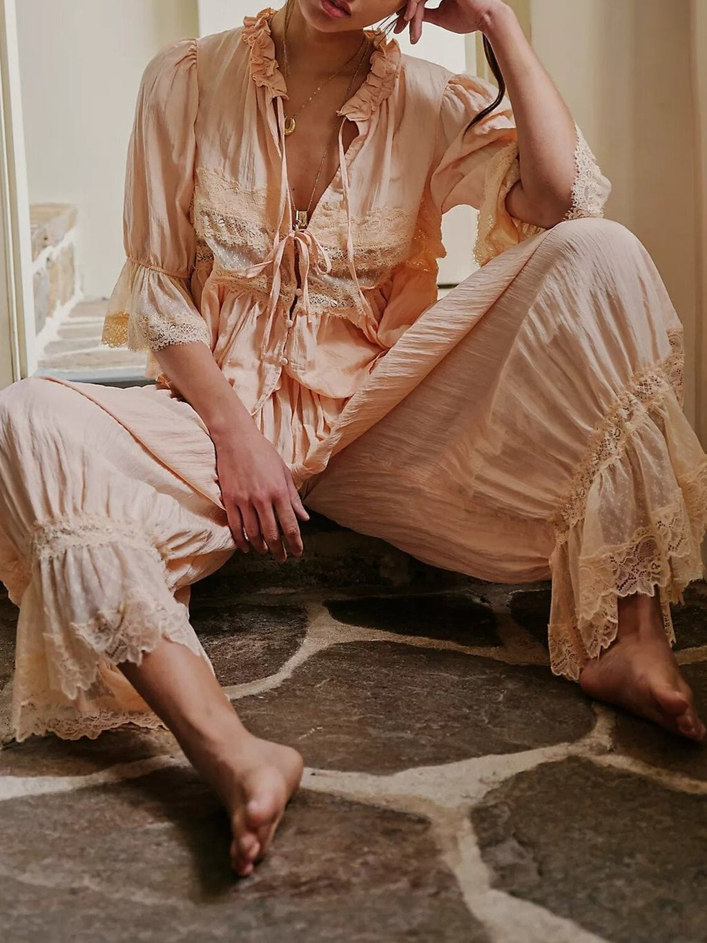 Boho Ruffle Hem Blouse With Lace Inset - Coral - 2